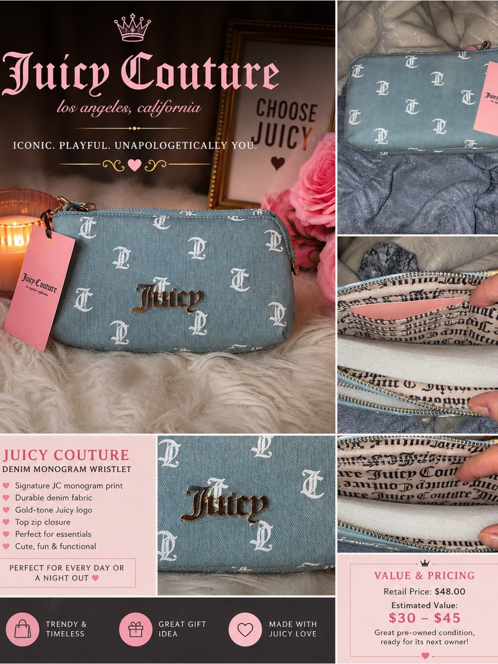 Juicy Couture Denim Monogram Wristlet - Light Blue